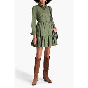 Veronica Beard Delbie Cotton Fit-And-Flare Shirt Dress Stone Army Green Size 6